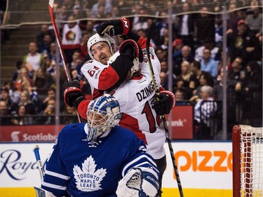 The Ottawa Senators' Mark Stone and Ryan Dzingel celebrate a goal.