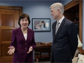 Supreme Court Justice nominee Neil Gorsuch meets with Senate Judiciary Committee member Sen. Susan Collins, R-Maine on Capitol Hill in Washington, Thursday, Feb. 9, 2017. The committee will oversee Gorsuch's confirmation hearing.