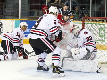 Ottawa 67's #51 Patrick White took a shot on the Niagara IceDogs net that was called a no goal despite the video replay showing it went over the line during the game at TD Place Arena Sunday February 26, 2017.