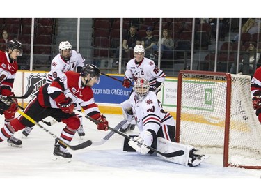 Ottawa 67's #9 Austen Keating scores against the Niagara IceDogs in the second period at TD Place Arena Sunday February 26, 2017.