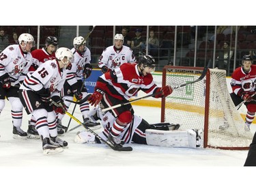 Ottawa 67's #9 Austen Keating scores against the Niagara IceDogs in the second period at TD Place Arena Sunday February 26, 2017.