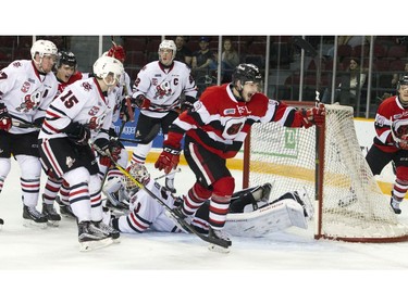 Ottawa 67's #9 Austen Keating scores against the Niagara IceDogs in the second period at TD Place Arena Sunday February 26, 2017.