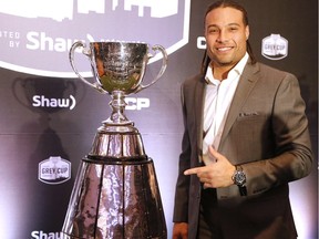 Ottawa Redblacks RB Kienan Lafrance looks at but will not touch the Grey Cup at Media Day in Toronto on Thursday November 24, 2016.