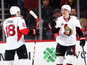 NEWARK, NJ - FEBRUARY 21:  Kyle Turris #7 of the Ottawa Senators celebrates scoring a goal with teammate Ryan Dzingel #18 in the second period of an NHL hockey game against the New Jersey Devils at Prudential Center on February 21, 2017 in Newark, New Jersey.