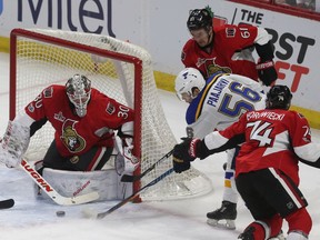 The Ottawa Senators took on the St. Louis Blues at Canadian Tire Centre in Ottawa Tuesday Feb 7, 2017. Ottawa Senators goalie Andrew Hammond makes a save against St. Louis Blues Magnus Paajarvi during first period action Tuesday.  Tony Caldwell