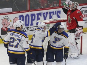 The Ottawa Senators took on the St. Louis Blues at Canadian Tire Centre in Ottawa Tuesday Feb 7, 2017.  St. Louis Blues Vladimir Tarasenko celebrates his goal against Ottawa Senators Andrew Hammond during second period action Tuesday.  Tony Caldwell