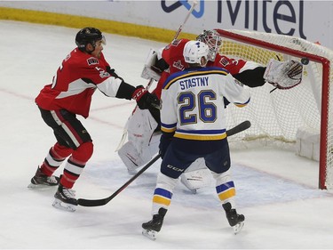 The Ottawa Senators took on the St. Louis Blues at Canadian Tire Centre in Ottawa Tuesday Feb 7, 2017. Ottawa Senators goalie Andrew Hammond makes a save against St. Louis Blues Paul Stastny during first period action Tuesday.  Tony Caldwell