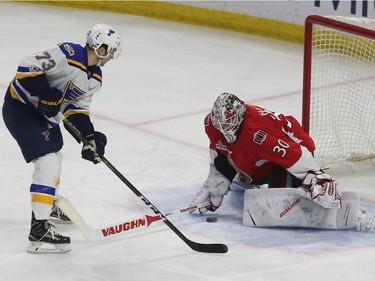 The Ottawa Senators took on the St. Louis Blues at Canadian Tire Centre in Ottawa Tuesday Feb 7, 2017. Ottawa Senators goalie Andrew Hammond makes a save against St. Louis Blues Kenny Agostino during first period action Tuesday.  Tony Caldwell
