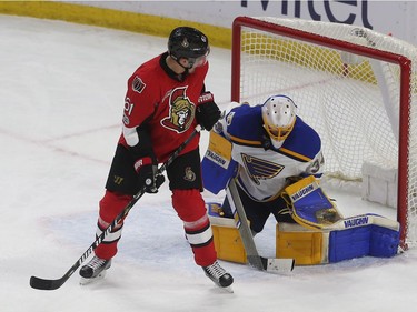 The Ottawa Senators took on the St. Louis Blues at Canadian Tire Centre in Ottawa Tuesday Feb 7, 2017.  St. Louis Blues goalie Jake Allen makes a save as Ottawa Senators Mark Stone looks for the rebound during second period action Tuesday.  Tony Caldwell