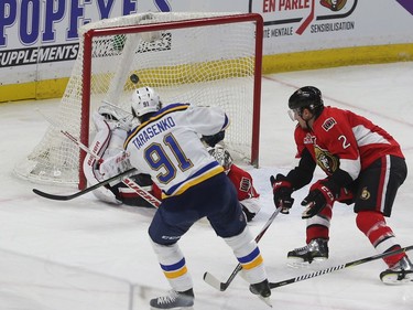 The Ottawa Senators took on the St. Louis Blues at Canadian Tire Centre in Ottawa Tuesday Feb 7, 2017.  St. Louis Blues Vladimir Tarasenko scores Ottawa Senators Andrew Hammond during second period action against the Senators Tuesday.  Tony Caldwell
