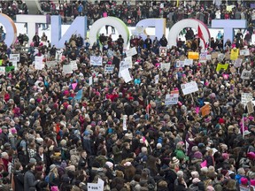 Protesters gather in support of the Women's March on Washington, in Toronto on Jan. 21.