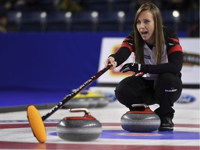 Ontario skip Rachel Homan is trying to claim her third national title in the Scotties Tournament of Hearts curling event in St. Catharines, Ont. (Sean Kilpatrick/The Canadian Press via AP)