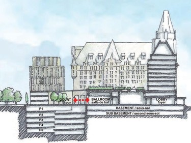 2017 files: The City of Ottawa has received a Site Plan Control application to remove the existing parking garage at the Château Laurier hotel and construct an addition containing 218 long-stay hotel units, an interior courtyard and five levels of underground parking with 385 parking spaces.