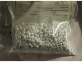 Seized fentanyl on display at a press conference at a hotel in Vaughan, Ont.