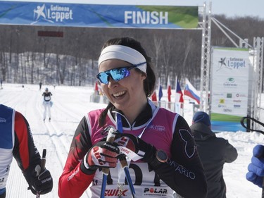 Skier Jennifer Jackson wins the women's 51km classic style Gatineau Loppet cross-country ski race in Gatineau on Saturday, February 18, 2017.