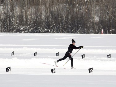 Skiers take part in the 27 km classic style Gatineau Loppet cross-country ski race in Gatineau on Saturday, February 18, 2017.