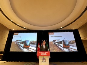 Ottawa Mayor Jim Watson providing a detailed presentation of a related report on Stage 2 LRT at Ottawa City Hall in Ottawa Friday Feb 17, 2017.