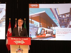 Ottawa Mayor Jim Watson providing a detailed presentation of a related report on Stage 2 LRT at Ottawa City Hall in Ottawa Friday Feb 17, 2017.