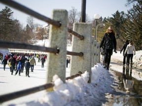 Skaters jam the Canal, while pedestrians negotiate puddles in Saturday's unusually warm weather. The Skateway will close Saturday night in hopes for colder weather.