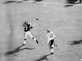 Tony Gabriel catches the game-winning TD pass in the 1976 Grey Cup. (Photo from Globe and Mail)