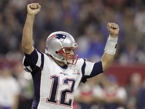 New England Patriots' Tom Brady celebrates a touchdown during the second half of the NFL Super Bowl 51 football game against the Atlanta Falcons, Sunday, Feb. 5, 2017, in Houston.