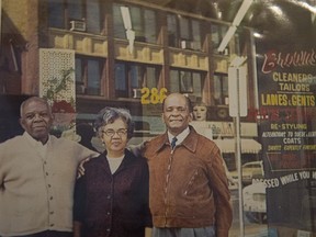 TORONTO, ONTARIO: Friday, February 10, 2017 - Herbert Brown (left), Estelle Brown (centre) and Herbert's brother pose at Brown's cleaners as photographed in Toronto, Ontario on Friday, February 10, 2017.