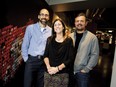 Emmanuel Florakas, president and chief financial officer of Lixar, a mobile innovation and mobile transportation product platform company, is joined by colleagues Shelley Fraser, marketing and communications director, and Bill Syrros, chief executive officer. The industrial-looking kitchen features a large island with stools and overhead lighting.