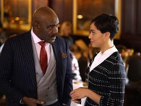 This image released by CBS Interactive shows Delroy Lindo as Adrian Boseman, Cush Jumbo as Lucca Quinn in a scene from the &ampquot;Stoppable: Requiem for an Airdate&ampquot; episode of &ampquot;The Good Fight,&ampquot; planned for March 12 on CBS All Access. (Patrick Harbron/CBS Interactive via AP)