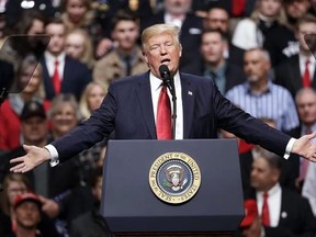 President Donald Trump speaks at a rally Wednesday, March 15, 2017, in Nashville, Tenn. (AP Photo/Mark Humphrey)