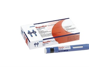 FILE - This undated image provided by Amgen Inc. shows the drug Repatha. The medicine cut the chances of having a heart attack or some other serious problems by 15 to 20 percent in a big study of people at high risk for those problems, released Friday, March 17, 2017, at an American College of Cardiology conference in Washington. (Robert Dawson/Amgen via AP, File)
