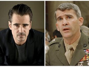 FILE - In this combination photo, actor Colin Farrell, left, appears during a portrait session, on May 9, 2016 in Beverly Hills, Calif., and Lt. Col. Oliver North appears before a congressional committee holding hearings on the Iran-Contra affair on Capitol Hill in Washington. Farrell is slated to star as Oliver North in a limited series from Amazon. The man who directed Farrell in the film &ampquot;Lobster,&ampquot; Yorgos Lanthimos, has been tapped to direct the untitled, one-hour series that will cover the I