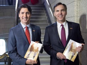 Prime Minister Justin Trudeau (left) walks with Minister of Finance Bill Morneau as he arrives to table the budget on Parliament Hill, Tuesday, March 22, 2016 in Ottawa. The Trudeau government will table the second budget of its mandate Wednesday. THE CANADIAN PRESS/Justin Tang