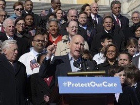 FILE - In this Wednesday, March 22, 2017 file photo, California Gov. Jerry Brown speaks on Capitol Hill in Washington during an event marking seven years since former President Barack Obama signed the Affordable Care Act into law. (AP Photo/Susan Walsh)