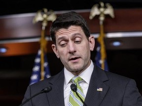 In this March 24, 2017, photo, House Speaker Paul Ryan, R-Wis., announces that he is abruptly pulling the troubled Republican health care overhaul bill off the House floor, short of votes and eager to avoid a humiliating defeat for President Donald Trump and GOP leaders, at the Capitol in Washington. Trump wants to tackle tax reform, but the loss on health care deals a blow to that effort. The loss on health care deprives Republicans of $1 trillion in tax cuts, and the GOP is just as divided on