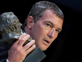 In this Feb. 7, 2015 file photo, Spanish actor Antonio Banderas holds his Honorific Goya trophy for his career, at the Goya Film Awards Ceremony in Madrid, Spain. Antonio Banderas says he has recovered from a heart attack that he had in January 2017.