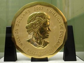 The Dec. 12, 2010 file photo shows the gold coin Big Maple Leaf in the Bode Museum in Berlin. The 100-kilogram (220 pound) gold coin disappeared from the museum.