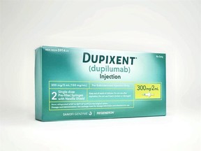 This image provided by Sanofi shows a box containing two single-dose pre-filled syringes of the drug Dupixent. On Tuesday, March 28, 2017, the Food and Drug Administration approved Dupixent for moderate or severe eczema, which causes red, fiercely itchy rashes on the face, arms and legs. (Rodrigo Cid/Sanofi via AP)
