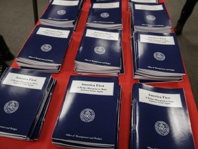 FILE - In this March 16, 2017 file photo, copies of President Donald Trump&#039;s first budget are displayed at the Government Printing Office in Washington. resident Donald Trump is proposing immediate budget cuts of $18 billion from programs like medical research, infrastructure and community grants so U.S. taxpayers, not Mexico, can cover the downpayment on the border wall. (AP Photo/J. Scott Applewhite, File)