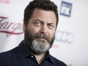 FILE - In this Oct. 7, 2015, file photo, actor Nick Offerman arrives at the LA Premiere of &ampquot;Fargo&ampquot; Season two at Arclight Cinemas Hollywood in Los Angeles. NBC announced on March 28, 2017, that Offerman is teaming up with his former &ampquot;Parks and Recreation&ampquot; co-star Amy Poehler for an for an NBC reality competition focused on craft making. (Photo by Richard Shotwell/Invision/AP, File)