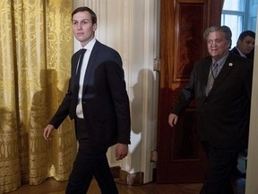 FILE - In this Sunday, Jan. 22, 2017, file photo, President Donald Trump&#039;s White House Senior Advisors Jared Kushner, left, and Steve Bannon, right, arrive at a White House senior staff swearing in ceremony in the East Room of the White House, in Washington. Talks with a Chinese company seeking a stake in the 666 Fifth Avenue skyscraper, owned by the family of Jared Kushner, are over. Negotiations with Anbang Insurance to help fund redevelopment of the Kushner Cos.‚Äô struggling office tower had