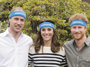 Undated handout photo of Britain&#039;s Prince William, left, Kate Duchess of Cambridge and Prince Harry wearing charity headbands issued by The Royal Foundation of the Duke and Duchess of Cambridge and Price Harry. The three royals are spearheading a campaign to encourage people to talk openly about mental health issues. The young royals released 10 films Thursday as part of their Heads Together campaign to change the national conversation on mental health. (The Royal Foundation of the Duke and Duch