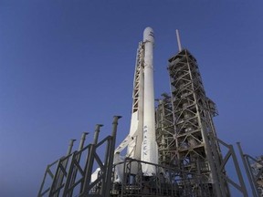 This photo made available by SpaceX on Thursday, March 30, 2017 shows the company&#039;s Falcon 9 rocket on Kennedy Space Center&#039;s historic Pad 39A in Cape Canaveral, Fla. Its launch, scheduled for Thursday will be the first time SpaceX launches one of its reused boosters. (SpaceX via AP)