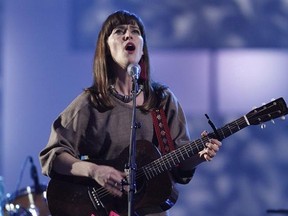 Feist performs during the Juno Awards in Ottawa, Sunday April 1, 2012. Leslie Feist is slated to pay tribute to the late Leonard Cohen, a multiple Juno Award winner who died last November, with an arrangement of one of his &ampquot;classic songs.&ampquot; THE CANADIAN PRESS/Fred Chartrand