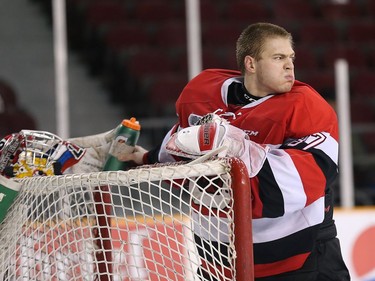 67's goalie Leo Lazarev doesn't look too happy in the second period as the Ottawa 67's take on the Mississauga Steelheads in game 4 of Ontario Hockey League playoff action at TD Place Arena.