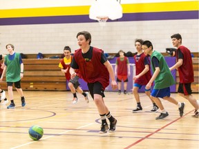 A gym class plays indoor soccer at Nepean High School. March 20, 2017.
