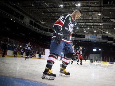 Adrian Sutherland of Midnight Shine along with other Canadian music celebrities and hockey stars together at TD Place arena Thursday March 30, 2017 for a practice a day before the big Juno Cup hockey game.