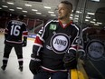 Adrian Sutherland of Midnight Shine took a moment on the ice for a quick photo. Canadian music celebrities and hockey stars came together at TD Place arena Thursday March 30, 2017 for a practice a day before the big Juno Cup hockey game.