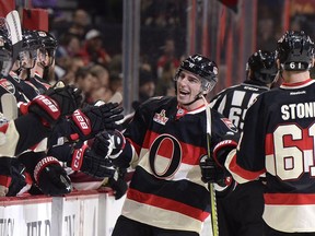 The Ottawa Senators' Alex Burrows celebrates a goal against the Colorado Avalanche during the first period at the Canadian Tire Centre on Thursday March 2, 2017.