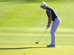 Brooke Henderson attempts a putt on the first hole during Round 1 of the ANA Inspiration.