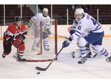 Artur Tyanulin, left, and Nicolas Hague chase the puck in the first period  as the Ottawa 67's take on the Mississauga Steelheads in Game 4 in Ontario Hockey League playoff action at TD Place Arena.